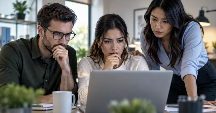 Three coworkers reviewing a laptop together in a small office.