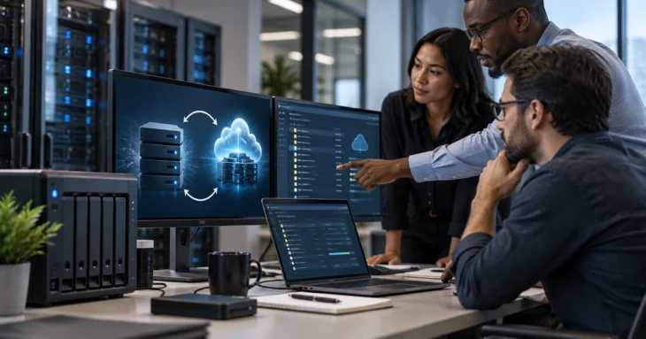 IT staff reviewing local storage and cloud backup dashboards beside a network-attached storage unit.