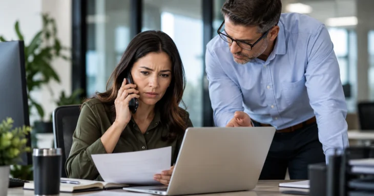 Employee verifying a transaction by phone while a colleague reviews the laptop and paperwork.