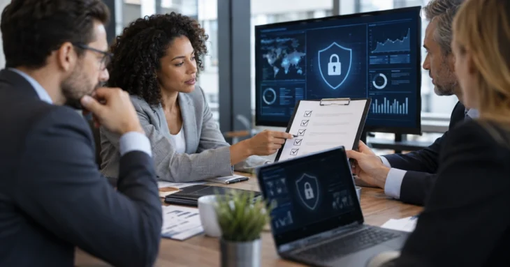 Business team comparing a paper checklist with security dashboards during a review.