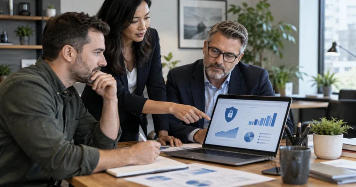 Three colleagues discussing technology spending with charts, notes, and a laptop at a meeting table.