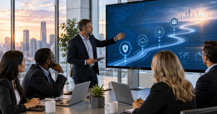 Adviser presenting a technology planning roadmap to a small business team.