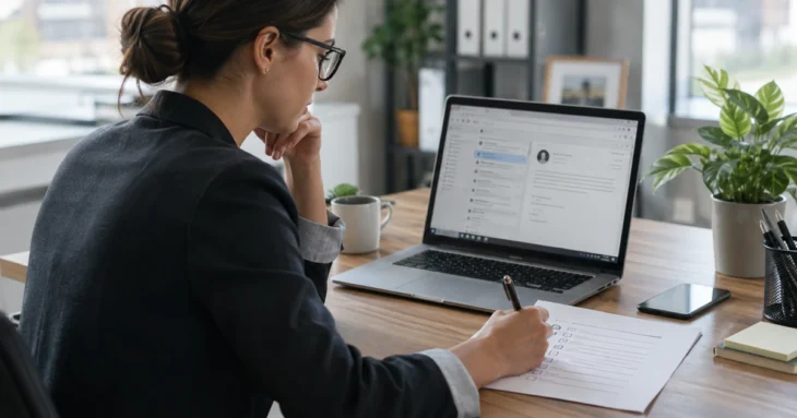 Employee comparing an email inbox with a printed security checklist.