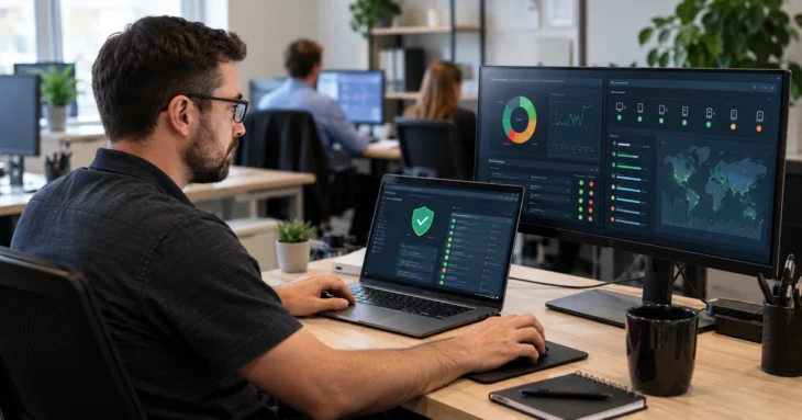 IT administrator reviewing device status and endpoint protection dashboards on a laptop and monitor.