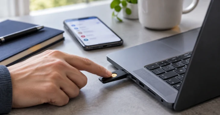 Finger touching a hardware security key connected to a laptop, with a phone and notebook nearby.