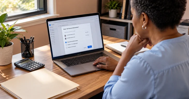 Office worker checking who can access a financial document before sharing it from a laptop.