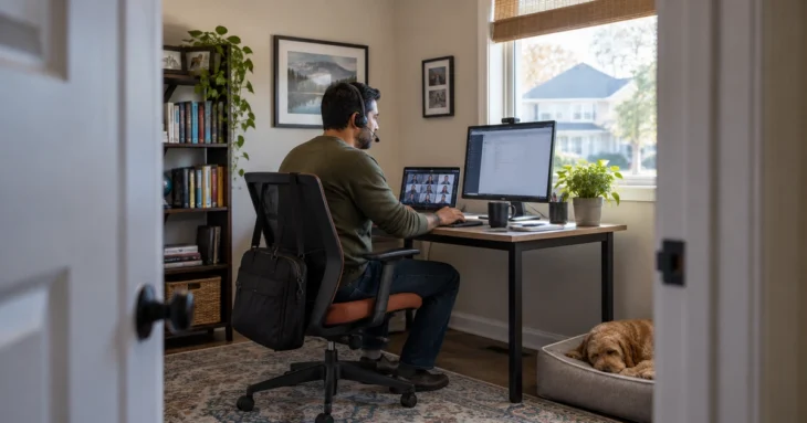 Employee using a headset, laptop, and external monitor in a dedicated home office.
