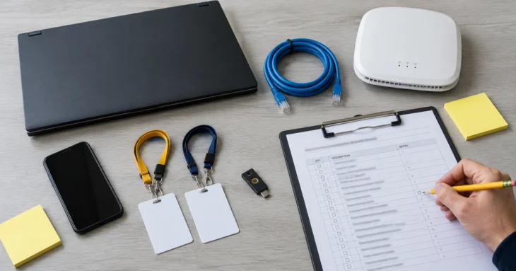 Laptop, phone, access badges, security key, and networking equipment arranged for an inventory review.