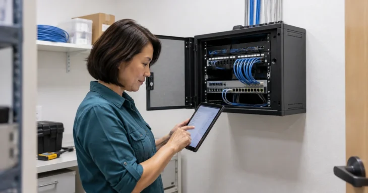 IT technician reviewing a tablet beside a compact wall-mounted network cabinet.